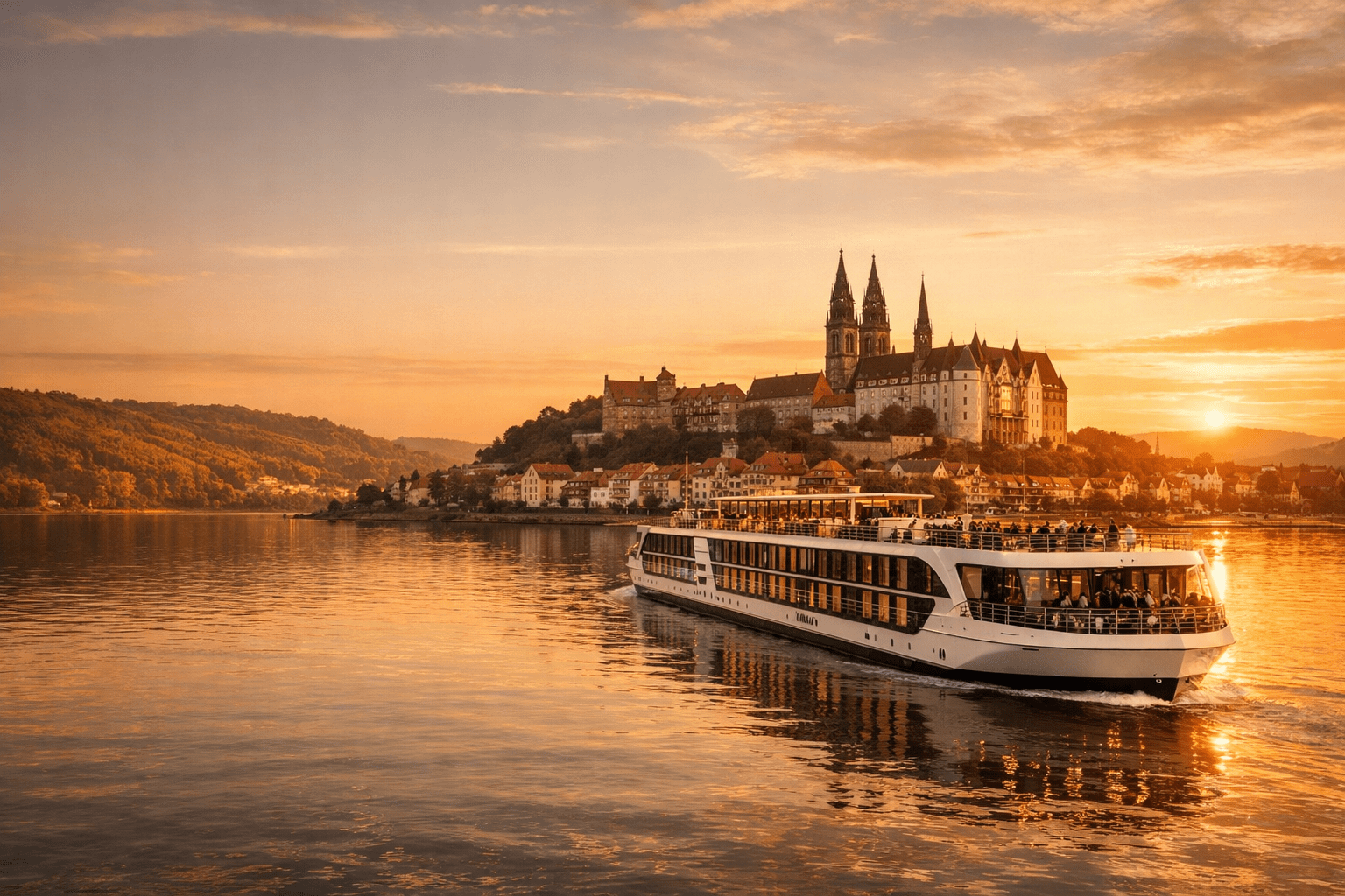 AMA Waterways-style river cruise ship at golden hour passing a European old town and vineyards
