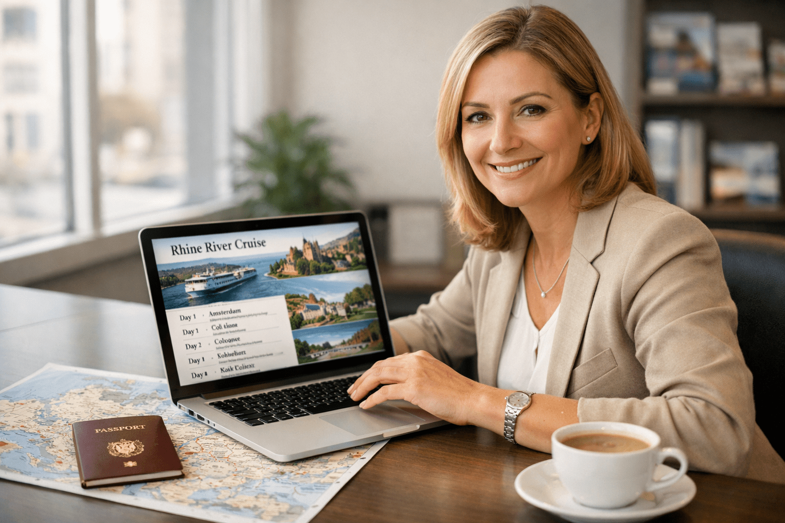 Travel advisor reviewing a river cruise itinerary on a laptop with a European map and passport nearby