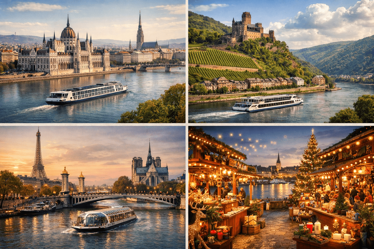Collage of European river scenes including the Danube, Rhine castles and vineyards, the Seine with Paris, and a holiday riverside market
