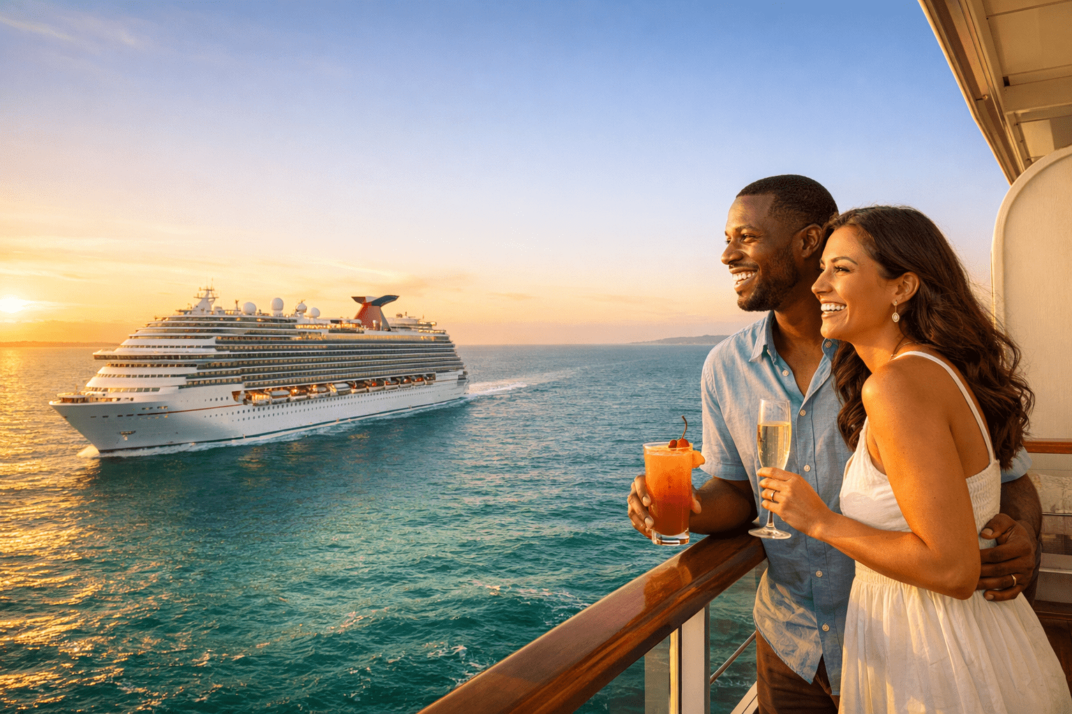 Carnival cruise ship at golden hour with travelers enjoying an ocean view balcony