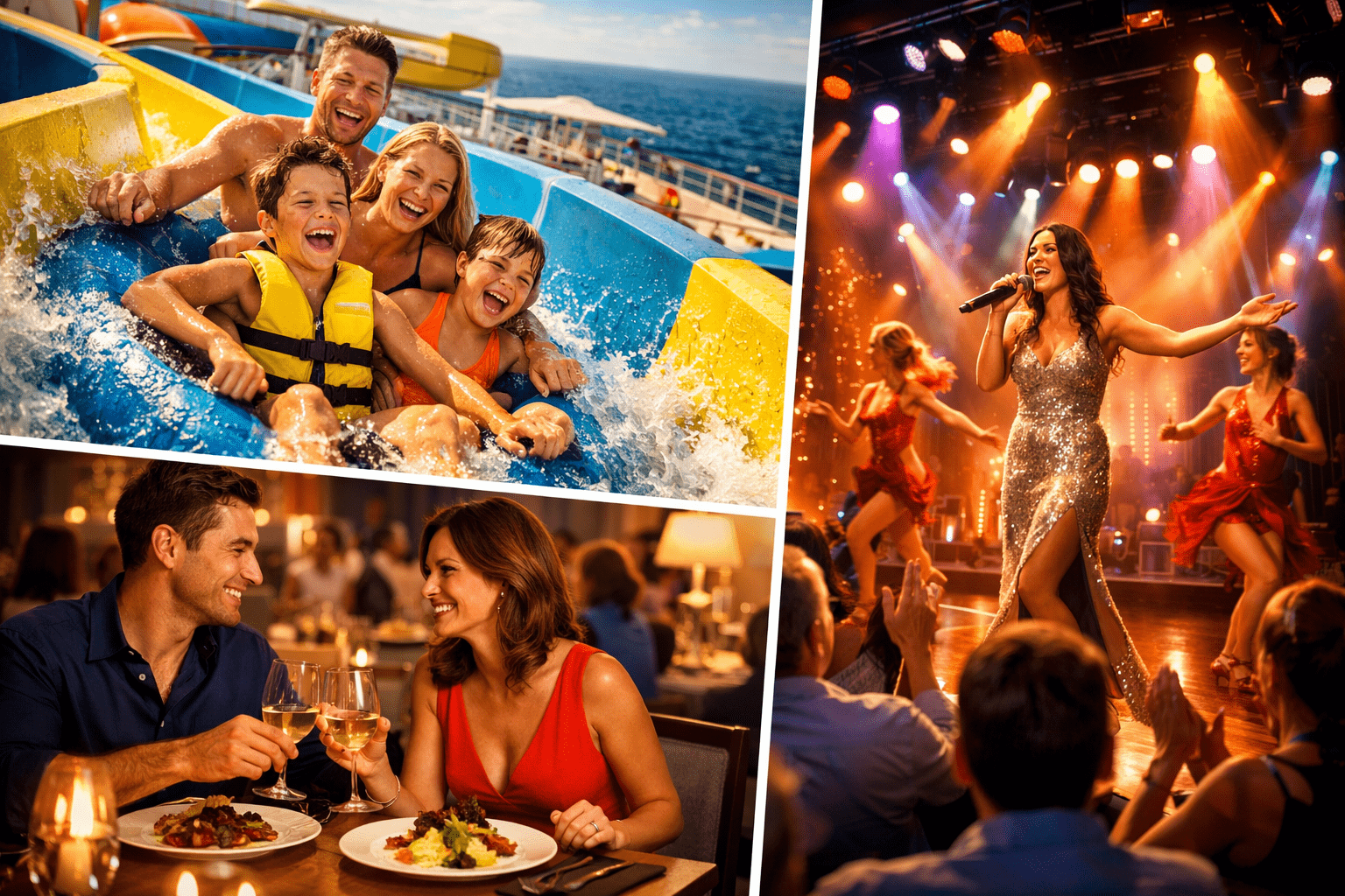 Family enjoying a waterslide, couple dining, and an evening cruise show in a vibrant collage-style image