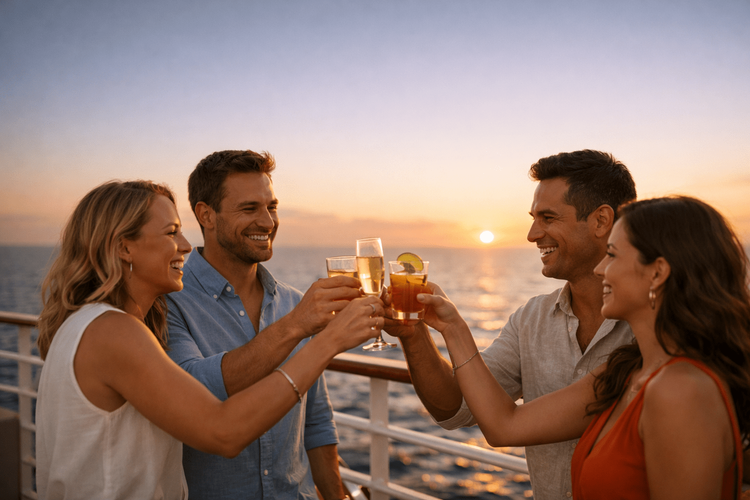 Group of friends celebrating with drinks on an outdoor cruise ship deck at sunset
